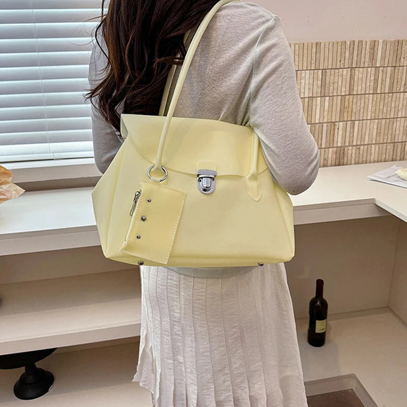 Korean Style Flap Jelly Tote Bag Large Capacity Commuter Shoulder Bag Underarm Handbag Soft Candy Color Casual Daily Work Bag
