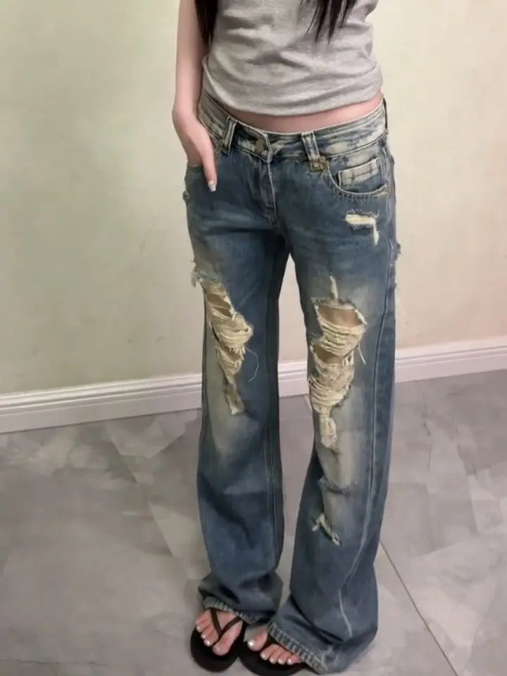 Women Streetwear Vintage Distressed Ripped Jeans 2026 Summer American Retro Y2k Grunge Denim Pants Casual Loose Trousers