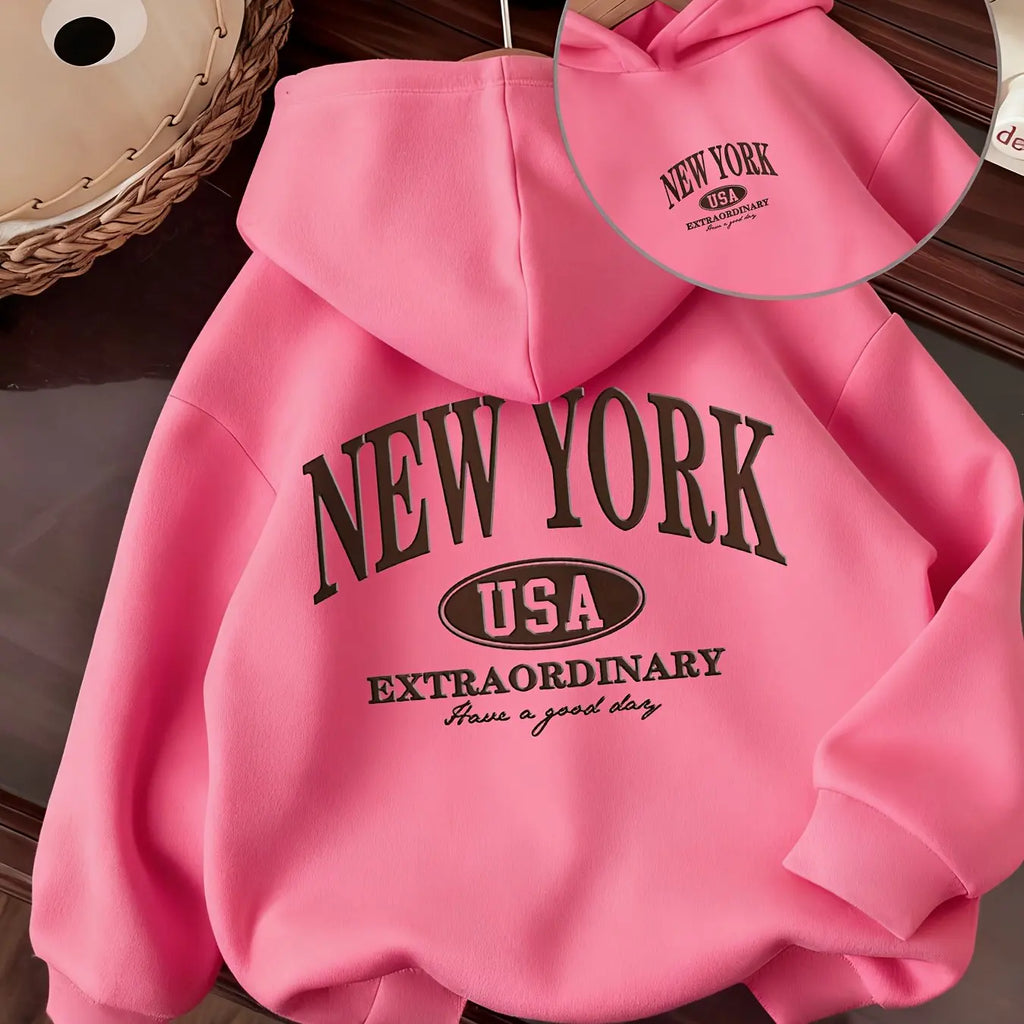 New American-style children's hoodie with New York print and American oval logoPerfect for fall/winter Christmas gifts for kids.