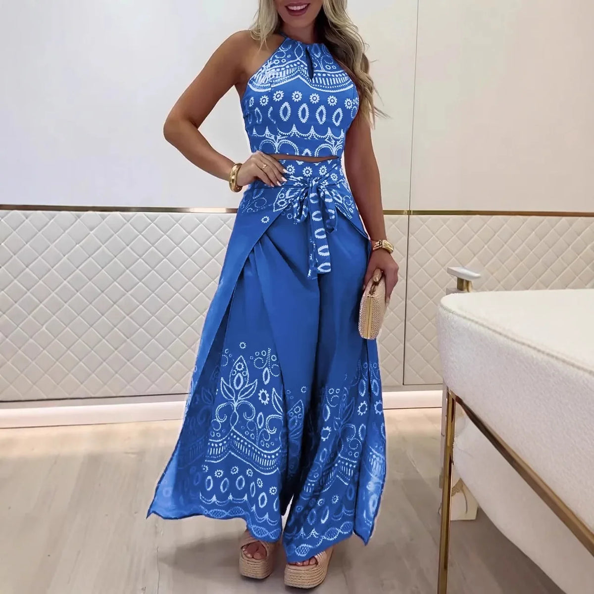 Summer Vintage Halter Top Wide Leg Pants Set Women's Bohemian 2-Piece