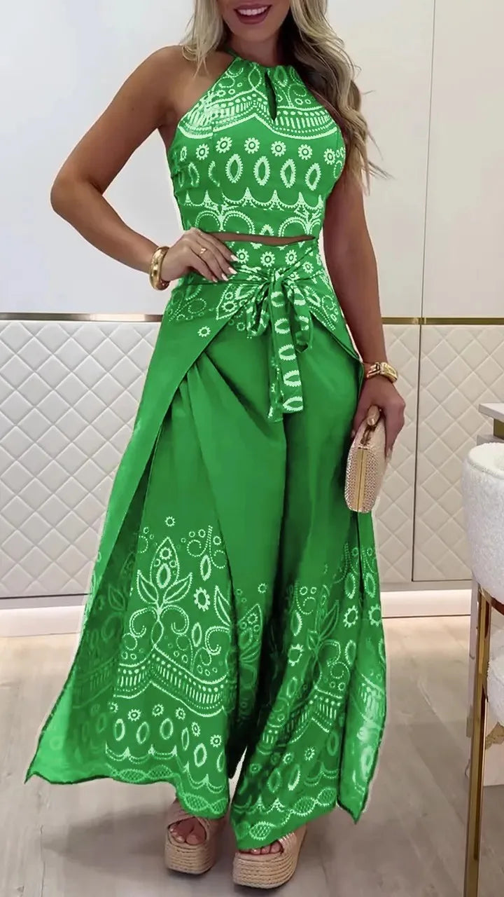 Summer Vintage Halter Top Wide Leg Pants Set Women's Bohemian 2-Piece