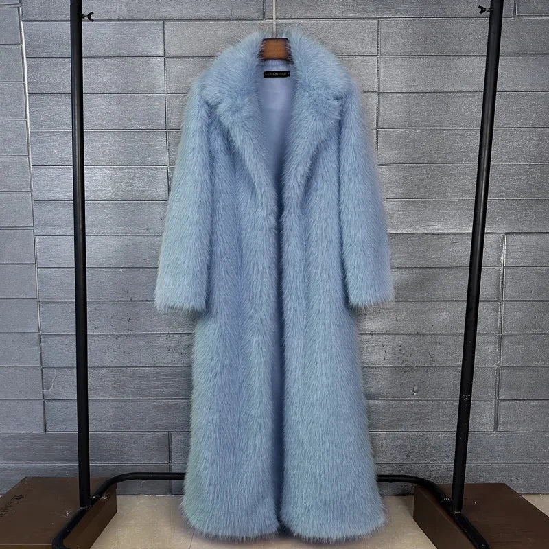 Long Faux Fur Coat Women Autumn Winter Large Jacket Overcoat White Turn Down Collar Pockets Thick Coat Warm Jackets Maxi Coats