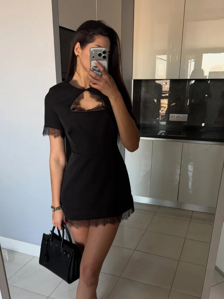 Sexy Lace Patchwork Dress Women Hollow Out O-neck Short Sleeve Black Slim Short Dresses 2026 Spring Summer Party Club Robes Lady