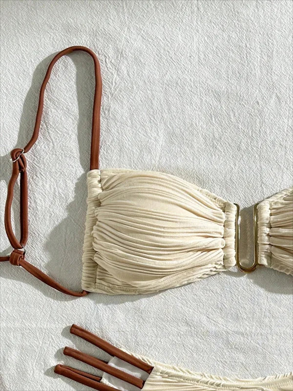 New Low waist Sexy Two-piece Bikini Women U-neck Hollow Swimwear Solid Tube Top Gathered Swimsuit Tight Backless Beachwear 2025