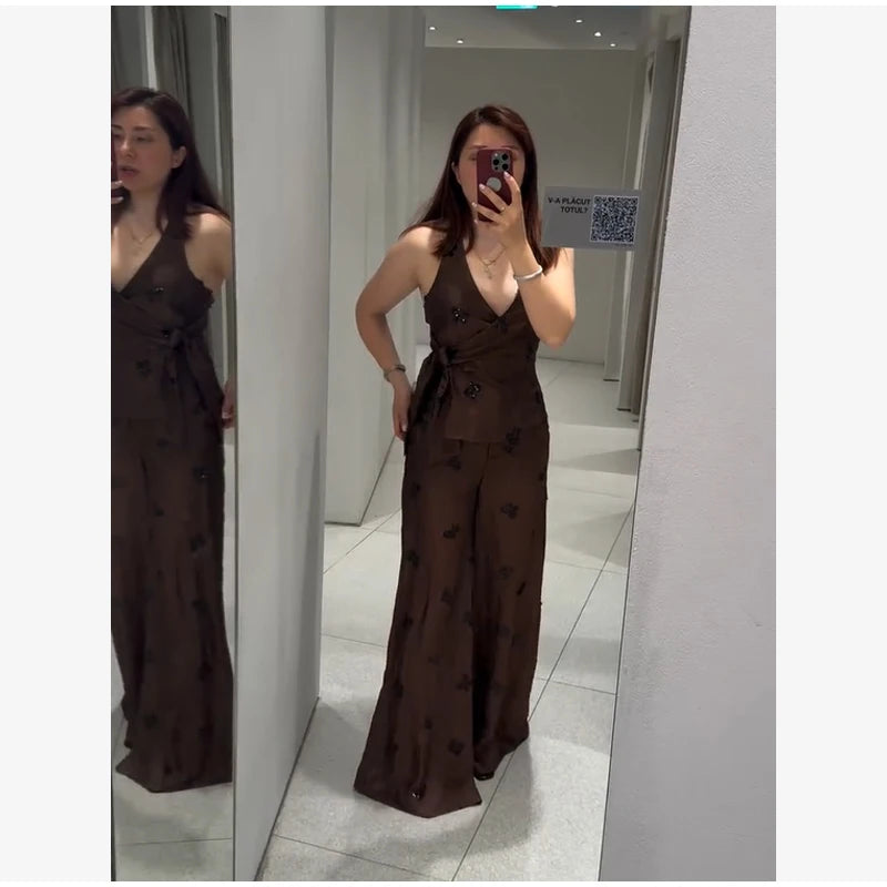 Fashion Floral Sequin 2-piece Outfit Women Tie Waist Wrap Sleeveless Top Wide Leg Pants 2026 Summer Lady Commute Street Outfits