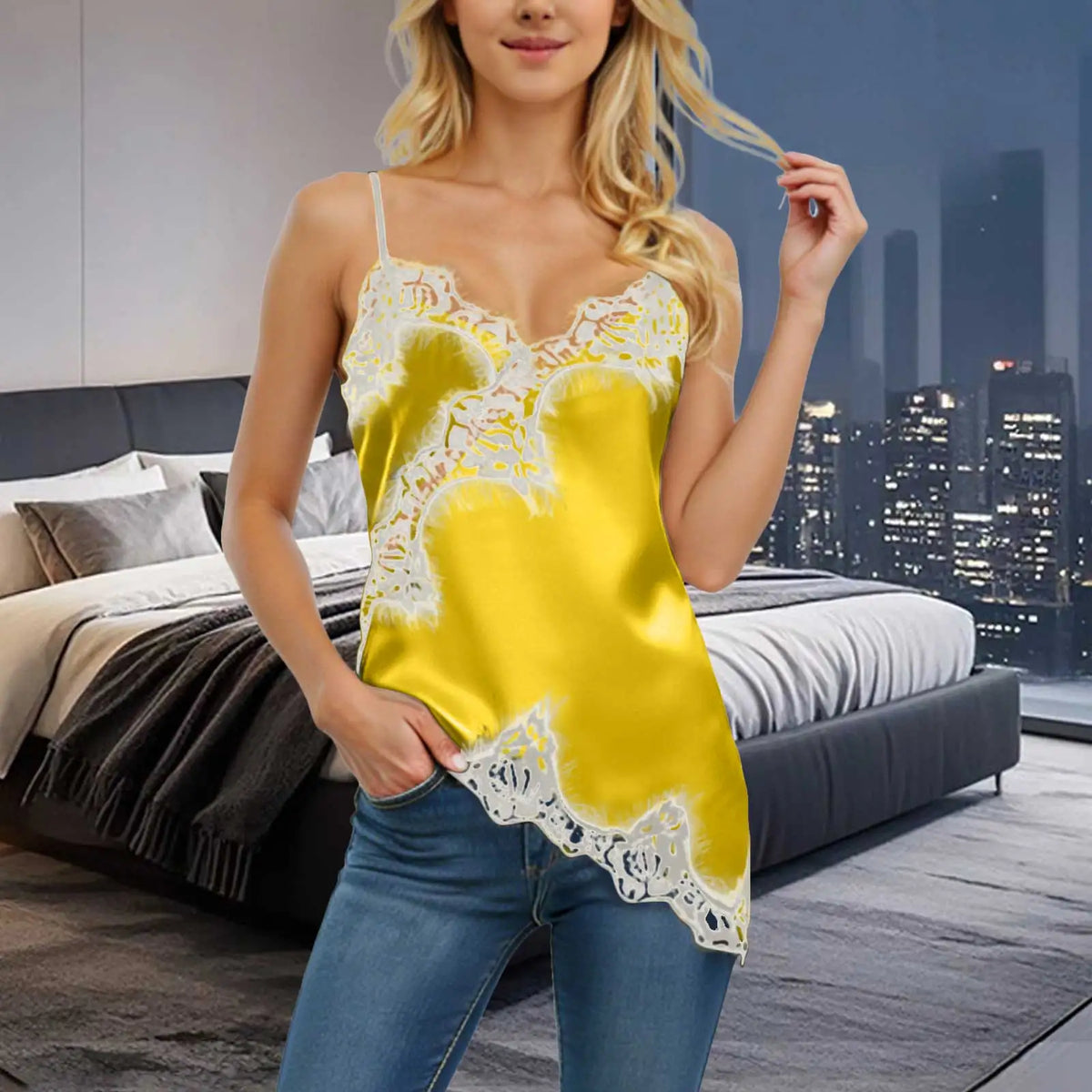 Women Lace Trim Satin High Low Vest Camisole Silk Spaghetti Strap Irregular Hem Tank Tops Y2k Asymmetrical Tanks and Camis