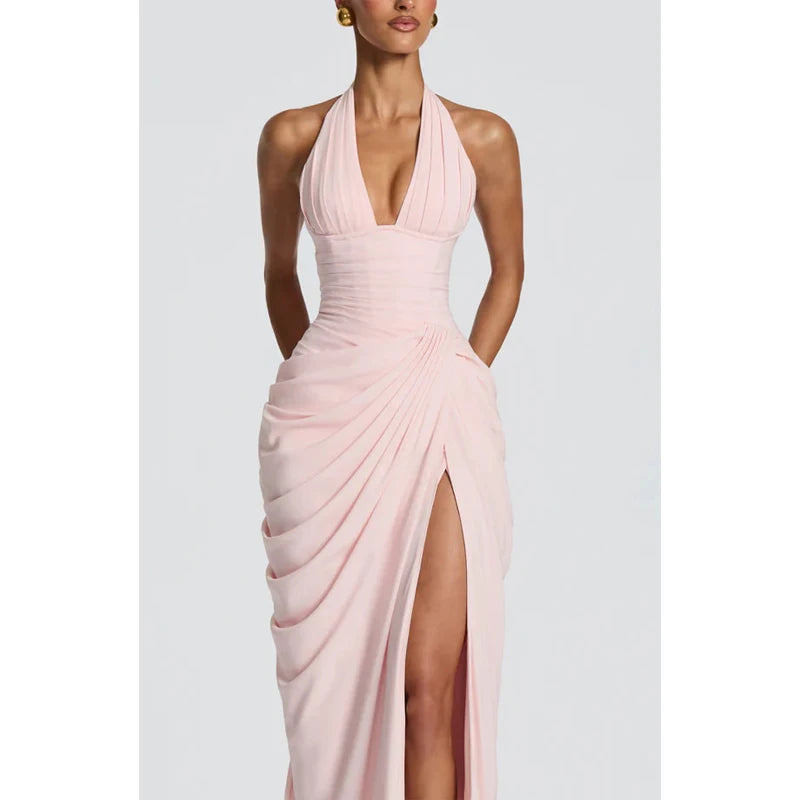 Women Sexy Solid Pleated Strapless Dress Lady Chic Off-shoulder Backless High Waist Split Dresses 2026 Summer Evening Party Gown