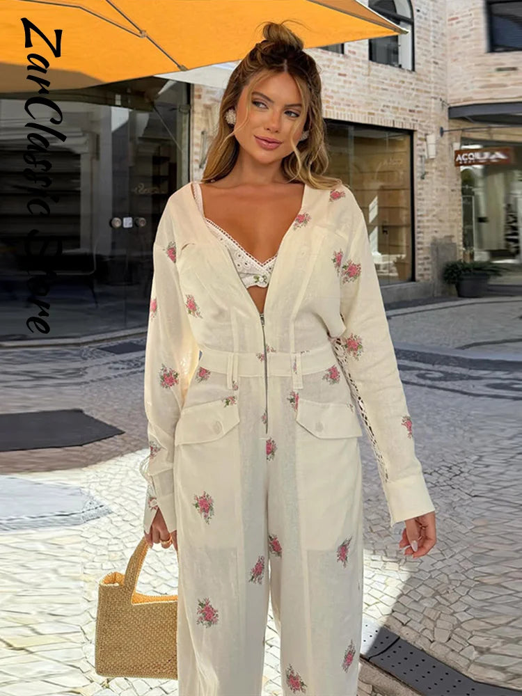 Casual Floral Printed Jumpsuits For Woman Sweet V Neck Full Sleeve Lace Spliced Pocket Lady Fashion street Clothing 2026
