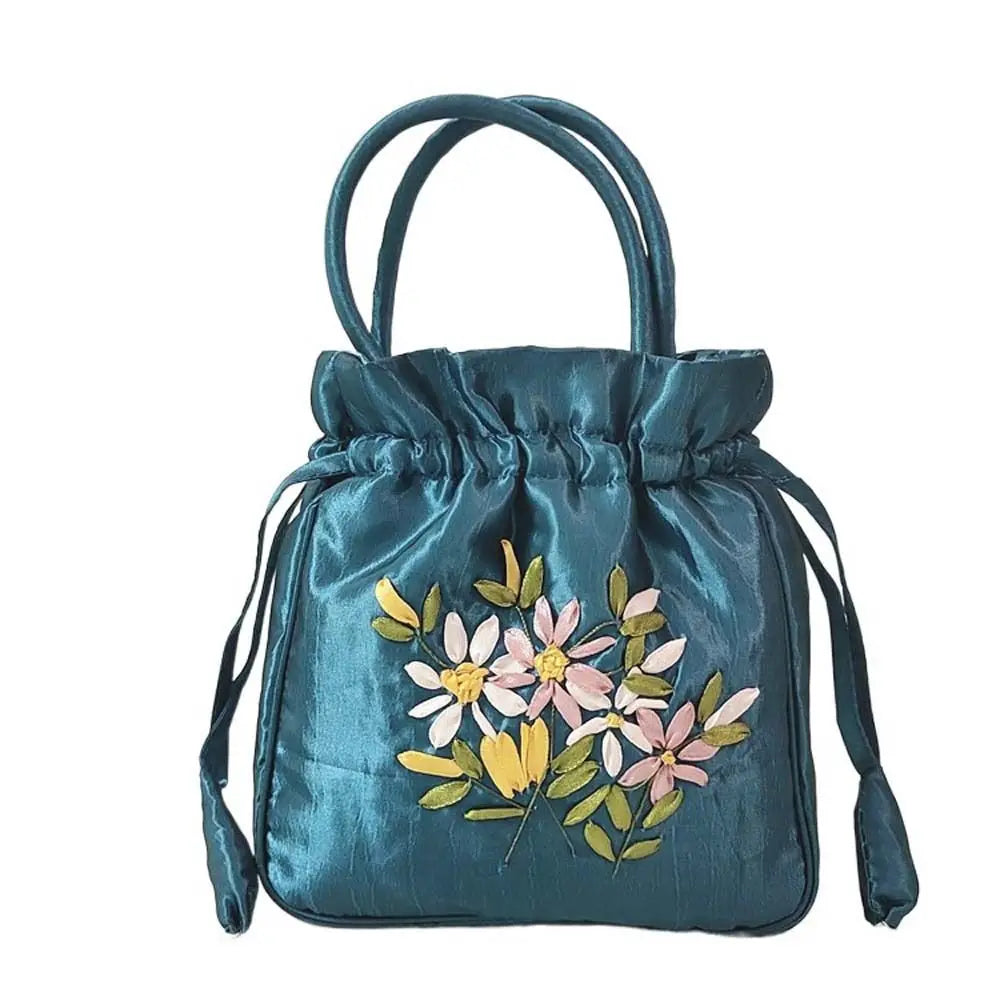Retro Elegant Satin Silk Embroidery Totes for Women Floral Drawstring Handbag Hanfu Woman Purse Wallet Small Tote Bags