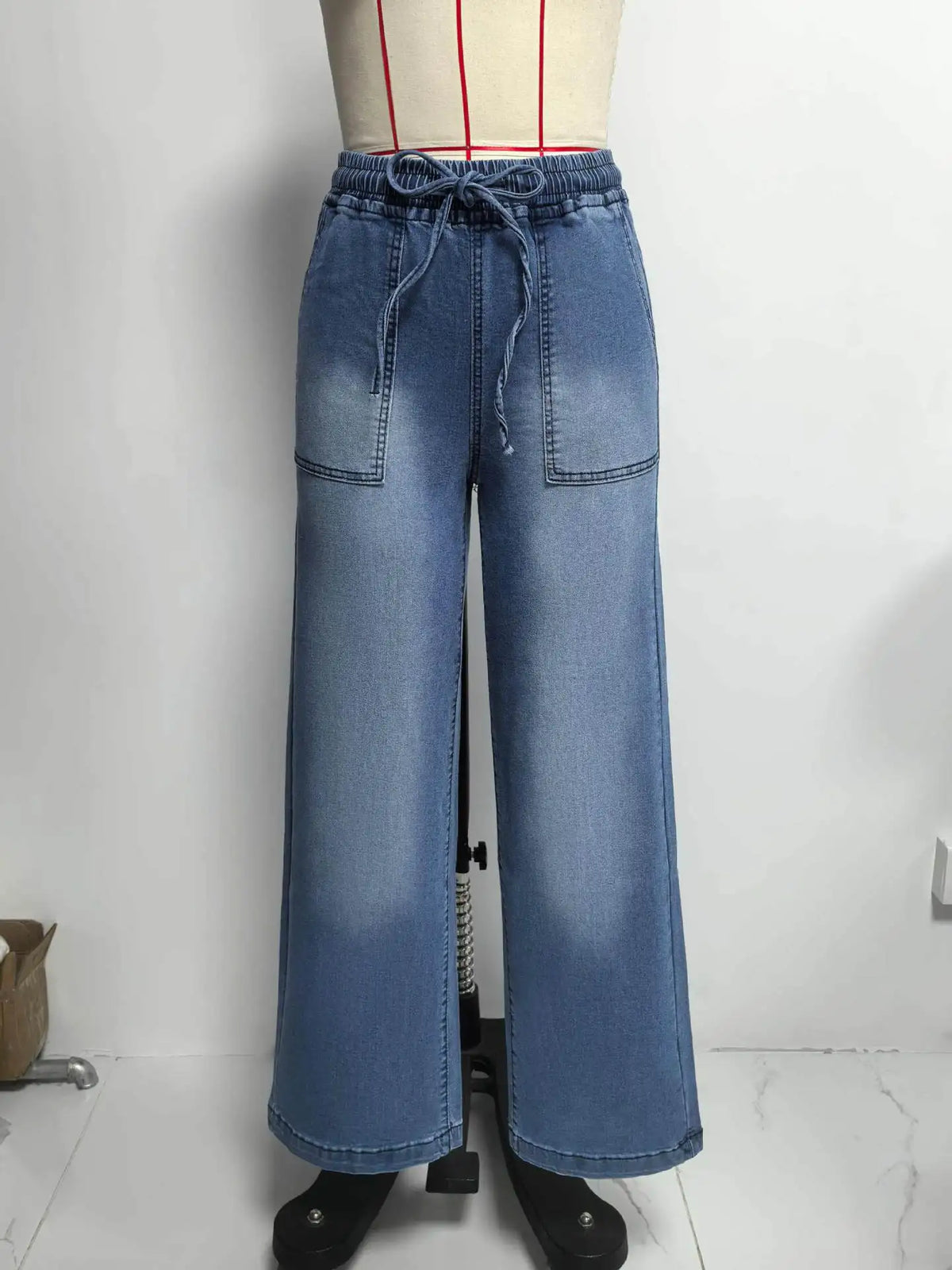Chic High Waist Drawstring Denim Pants Women's Straight Wide Leg Jeans Fashion Trousers
