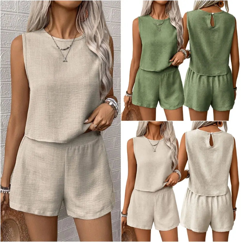 Fashion Solid Color Vest Shorts Set Simple Design Multi-size Casual Outfit Set Sleeveless Top Set Casual Wear