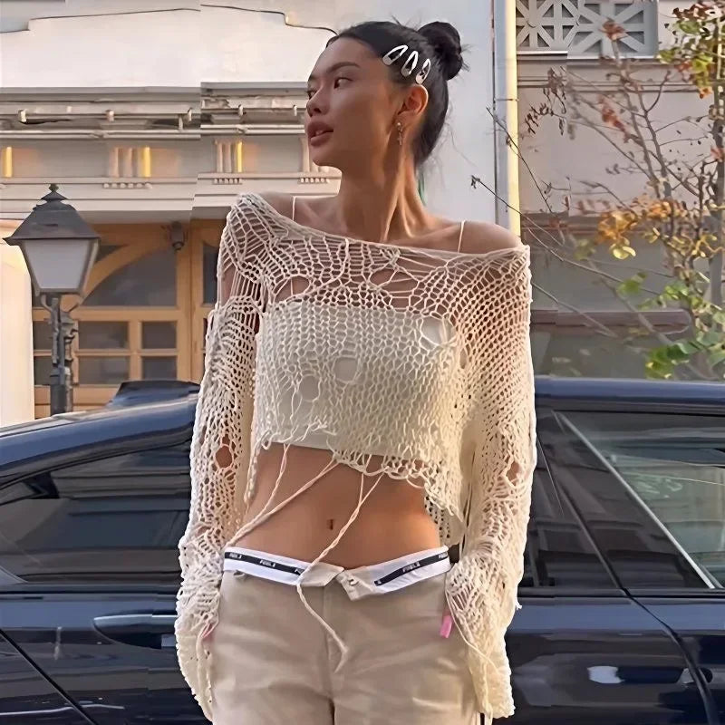 Sexy White Slash Neck Grunge Knitted Women's Sweater Hole Ripped Pullover Crop Top Harajuku Hollow Out Fashion Summer Jumpers