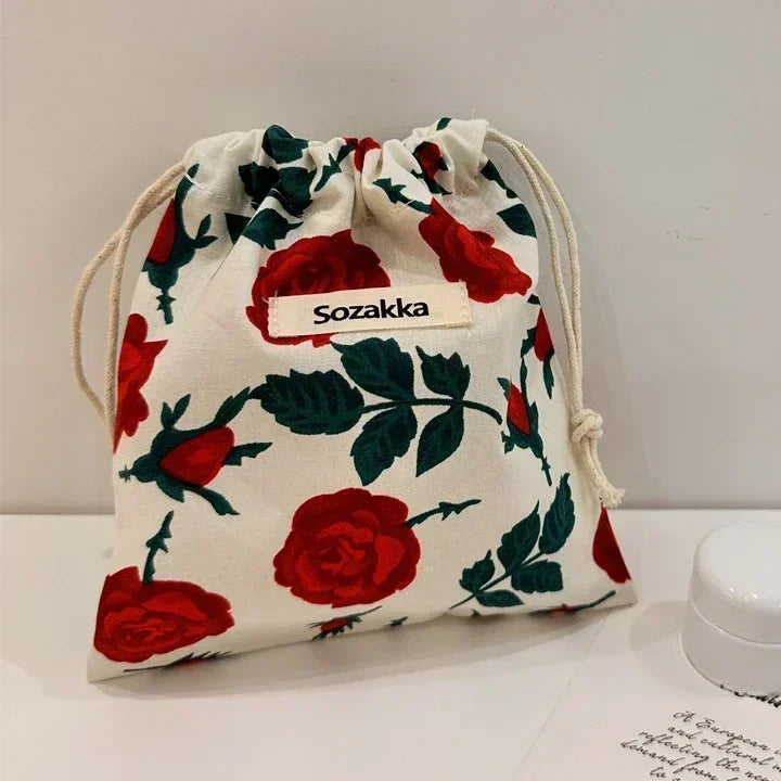 Kawaii Cloth Floral Drawstring Storage Bag Cosmetic Organizer for Women Makeup Handbags Wallet Small Pouch
