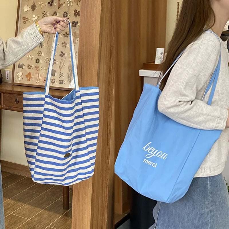 Casual Large Capacity Women's Canvas Shoulder Bags Striped Design Female Shopping Bag Summer Seaside Girls Handbags Beach Tote