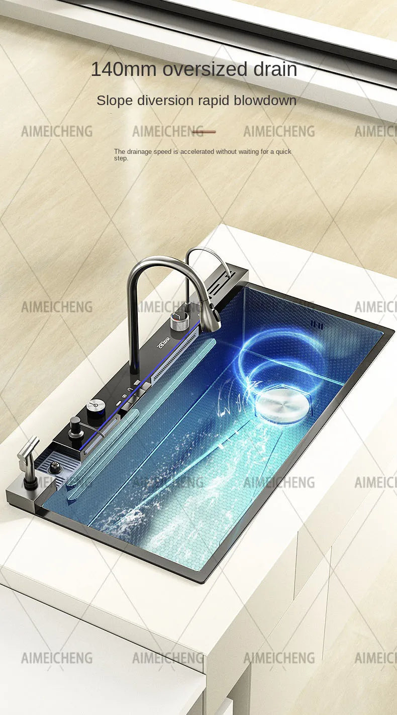 2026 Tiktok Newest Design 30 Inch Waterfall Faucet Black Bionic Honeycomb 304 Stainless Steel Big Single Bowl Kitchen Sink