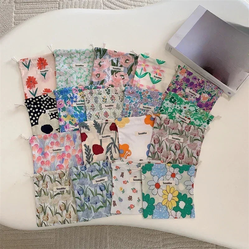 Kawaii Cloth Floral Drawstring Storage Bag Cosmetic Organizer for Women Makeup Handbags Wallet Small Pouch