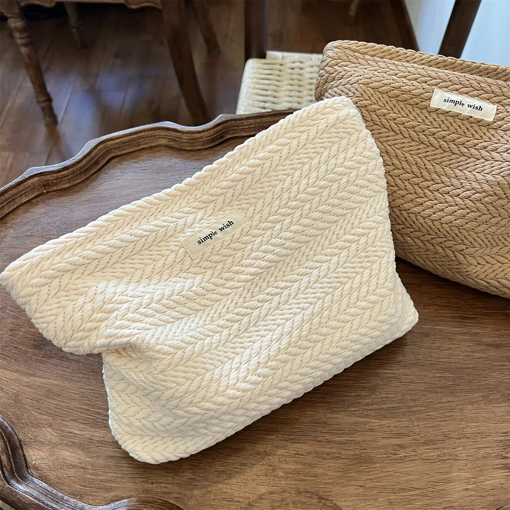 Handwoven Cotton Makeup Bag – Artistic Crochet Cosmetic Pouch with Zipper, Minimalist Clutch for Women