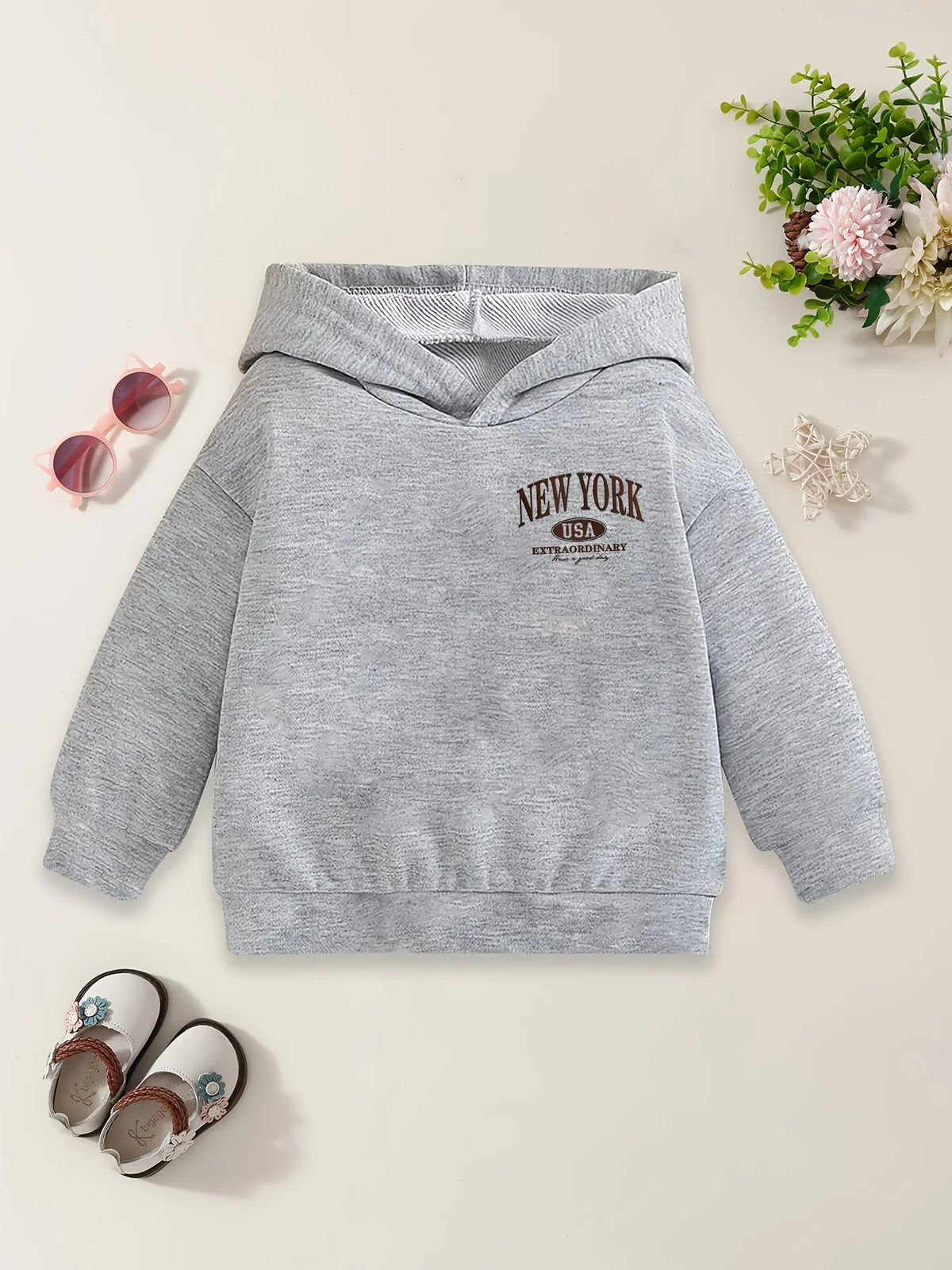 New American-style children's hoodie with New York print and American oval logoPerfect for fall/winter Christmas gifts for kids.