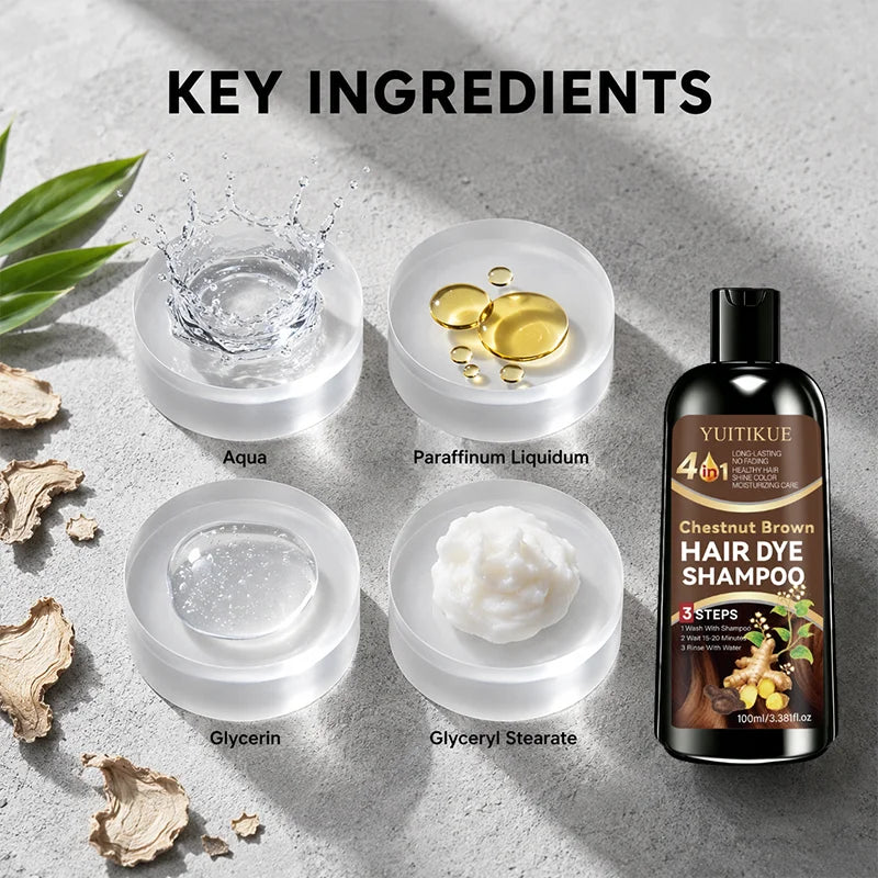 YUITIKUE 4 IN1 Chestnut Brown Hair Dye Shampoo Shine Color Moisturizing Care Long Lasting No Fading Healthy Hair 100ml