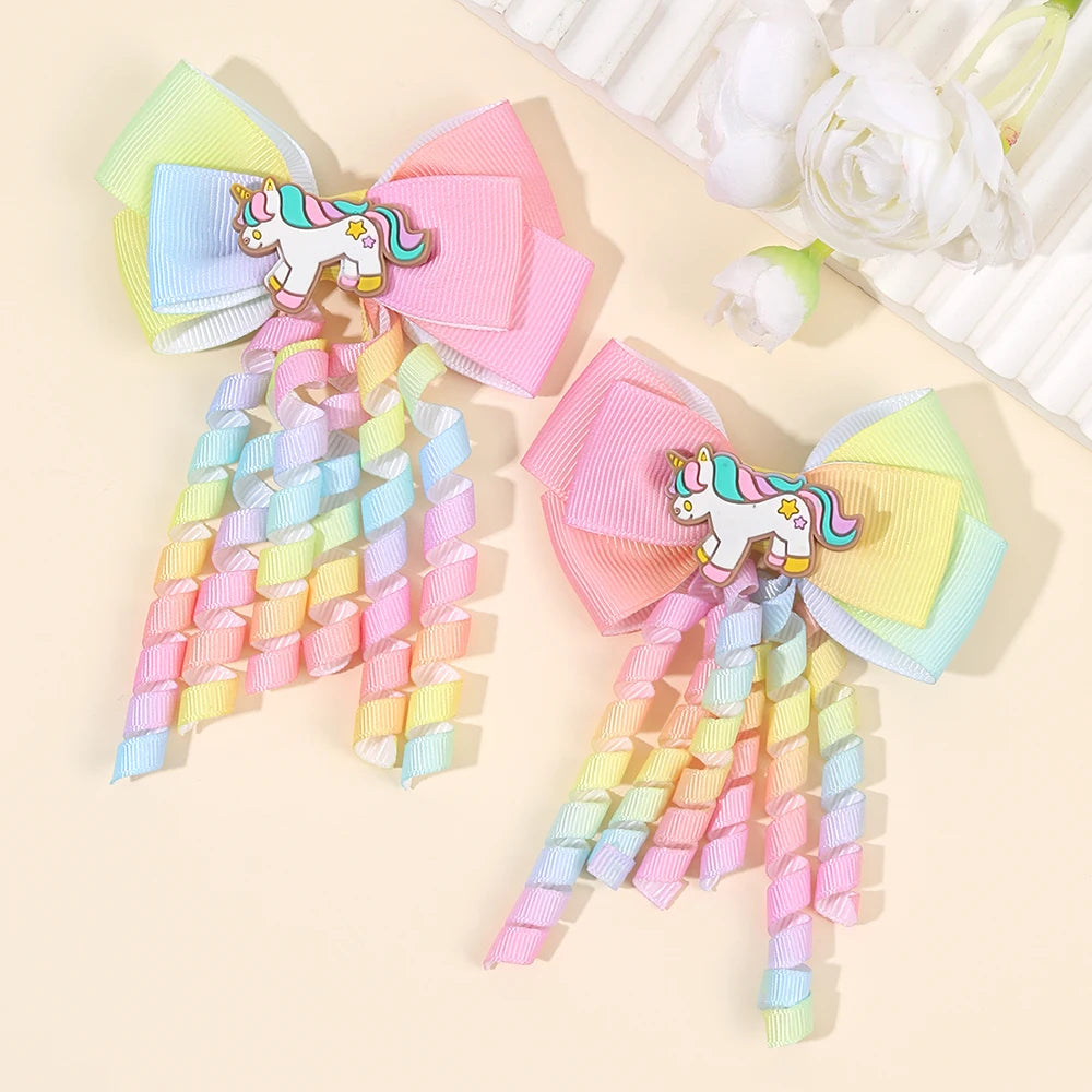 2Pcs Rainbow Unicorn Hair Clip Cute Curly Ribbon Tassel Magical Bow Hairpin For Kids Girls Party Daily Use Headwear Accessories
