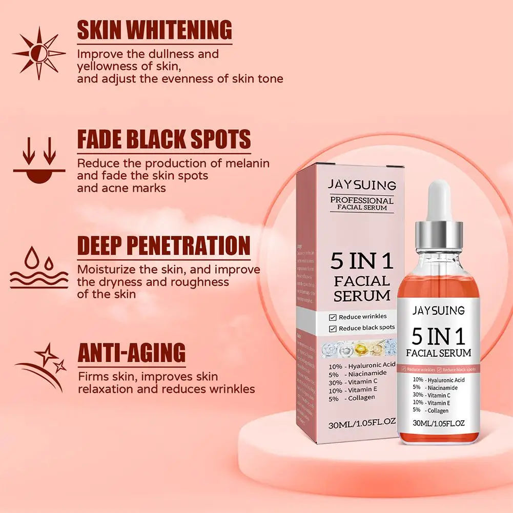 5 In 1 Face Serum Moisturizing Whitening Anti Wrinkle Aging Vitamin C Hyaluronic Acid Facial Serum Shrink Pores Skin Care 30ml