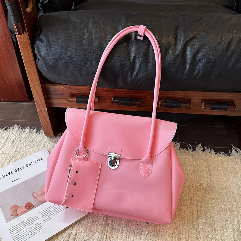Korean Style Flap Jelly Tote Bag Large Capacity Commuter Shoulder Bag Underarm Handbag Soft Candy Color Casual Daily Work Bag