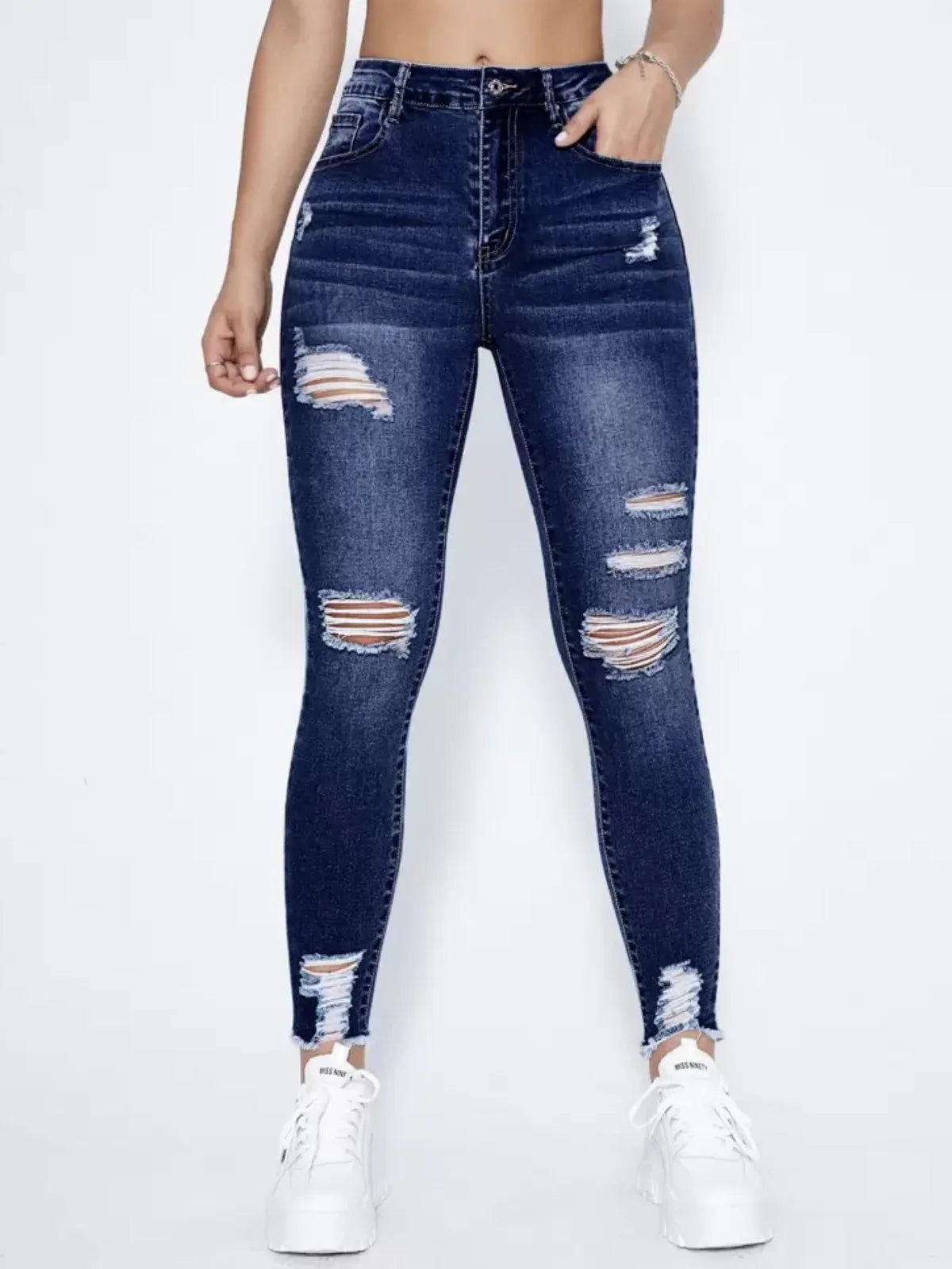 New In Women Fashion Mid Waist Ripped Hole Jeans Casual High Street Denim Pants Sexy Frayed Slim Fit Pencil Pants for Women