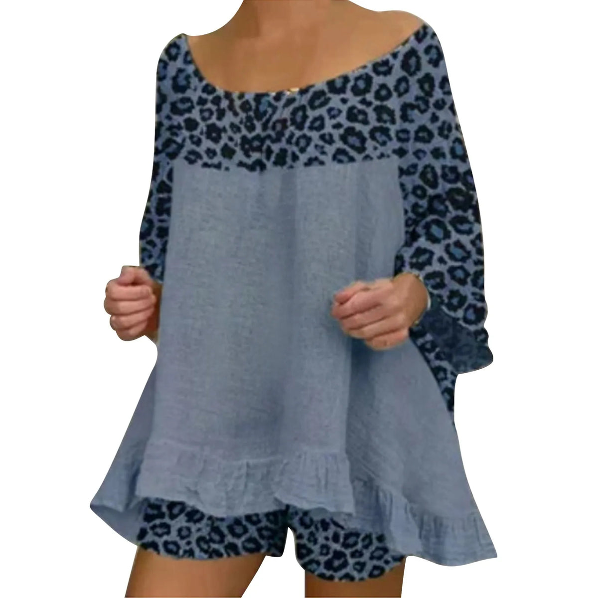 Summer Vintage Leopard Patchwork Outfits Set Cotton Linen Shirt Tops And Loose Shorts Suit Casual 3/4 Sleeve Women Two Piece Set
