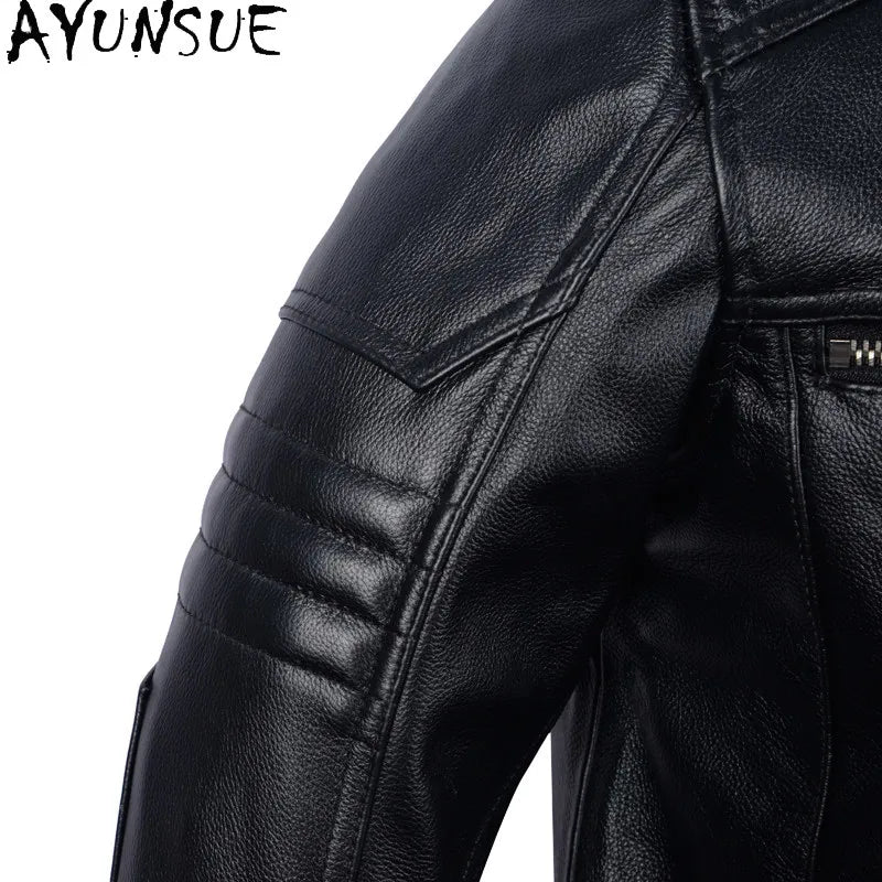 AYUNSUE Pure Cowhide Men Leather Jacket Fashion Stand Collar Short 100% Genuine Cow Leather Real Jacket Slim-fit Motorcycle Wear