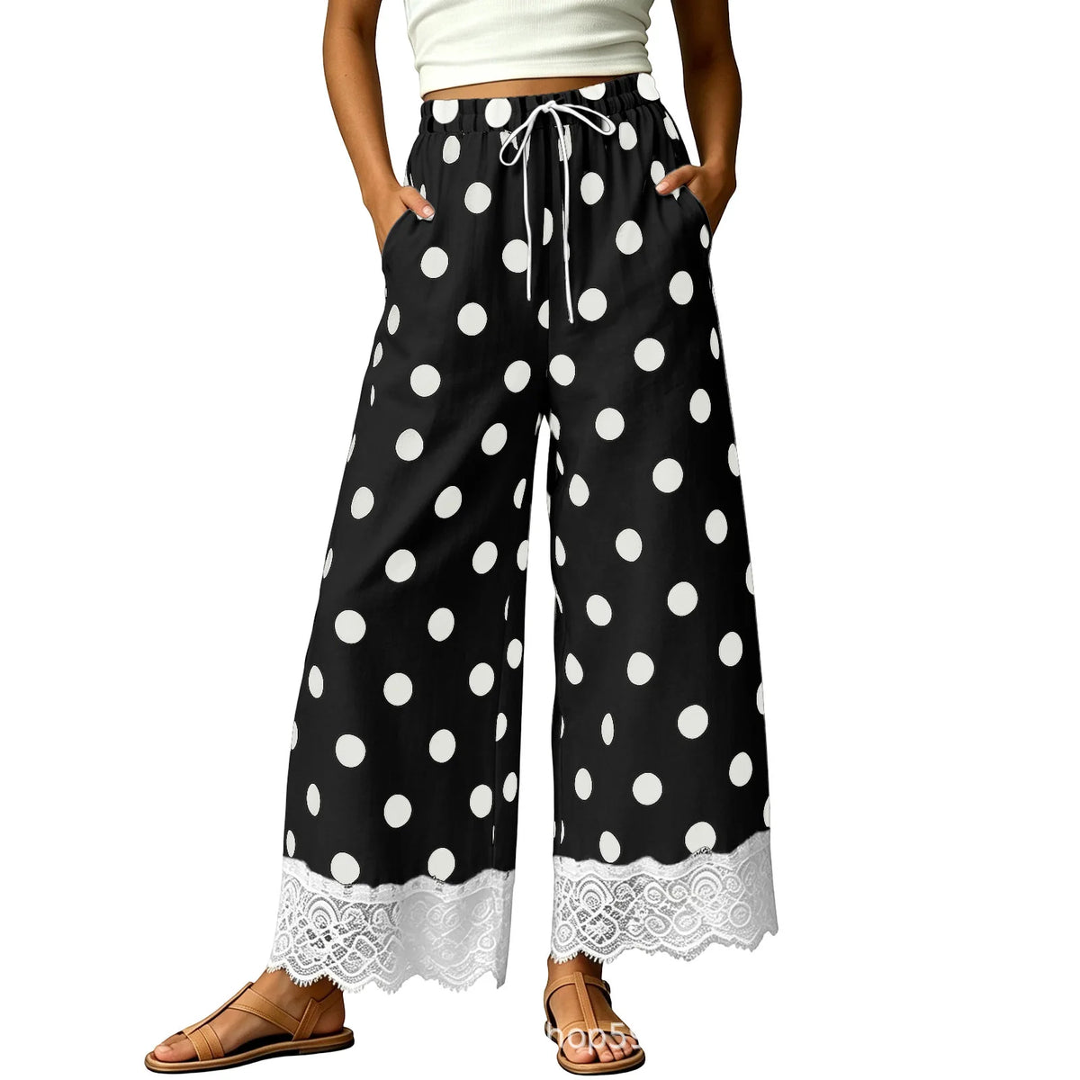 Ladies' Casual Wide Leg Pants, Thin and Sweet, Nine PointWide LegPants, Loose ElasticWaisted Lace Pants, Women's Polka Dot Cheap