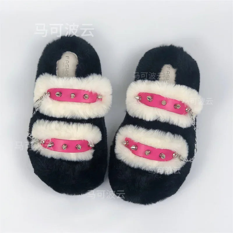 Y2K style winter outdoor shoes for women Faux fur warm slippers Fashion rivet Punk shoes