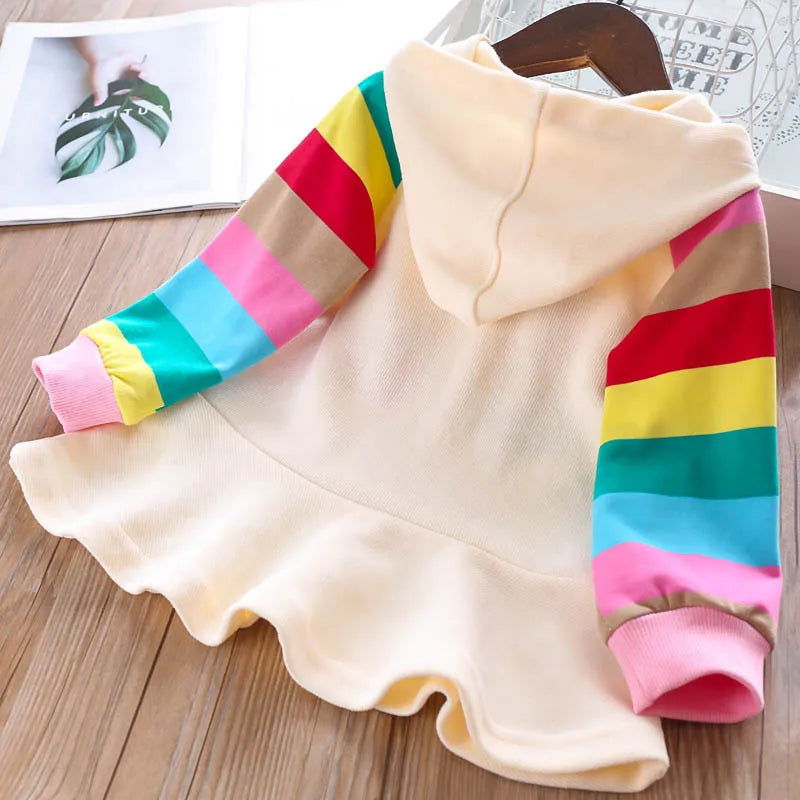 Bear Leader Autumn New Rainbow Printed Long Sleeve Hooded Dress Fashion Casual Sports Girls' Clothing Color Blocked Girls Dress
