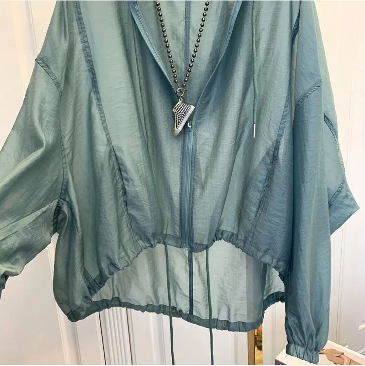 Women Hooded Jackets Summer Sun-proof Zipper Coats Thin Loose See Through Outerwear Breathable Outwear Lightweight Clothes White