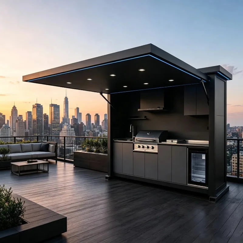Luxury Outdoor Kitchen Island Set with Built-in Gas BBQ Grill, Pizza Oven & Storage Drawers Prefabricated Patio Cooking Station