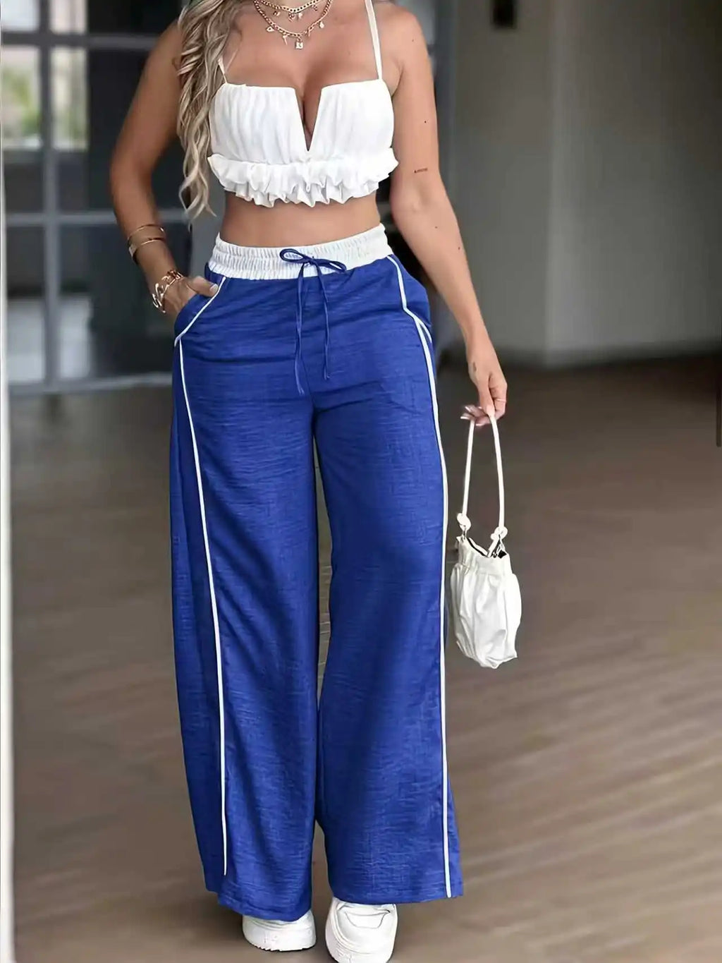 Women's Fashion Casual High Waist Straight Wide Leg Pants Color Block Patchwork Pockets