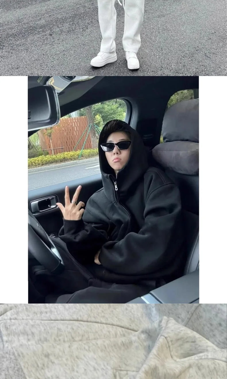 Men's Autumn Winter Hooded Open Cardigan Double Zipper Fleece Long Pants Sport Casual Two-Piece Set Versatile Polyester Fiber