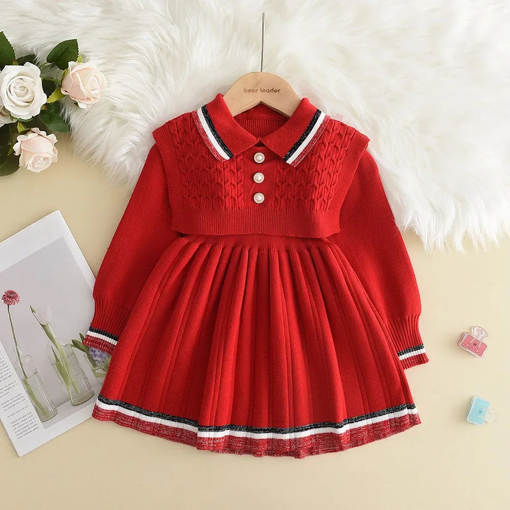 Bear Leader Kids Dresses for Girls Pearl Button Tricolor Striped Lapel Knit Skirt Winter College Style Children's Clothing