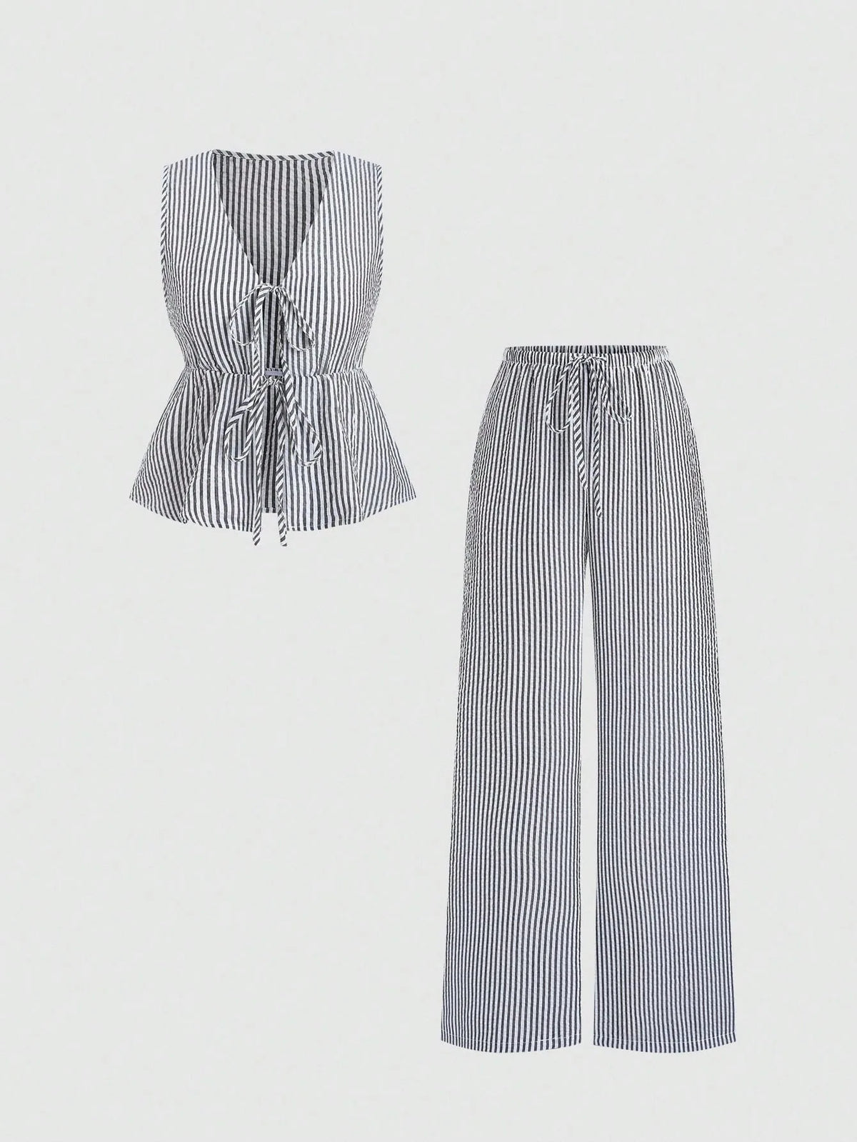 Summer Solid Color Tie Pants Set Stripe Casual Sweet Versatile Loose Comfortable Vacation Daily Two Piece Set