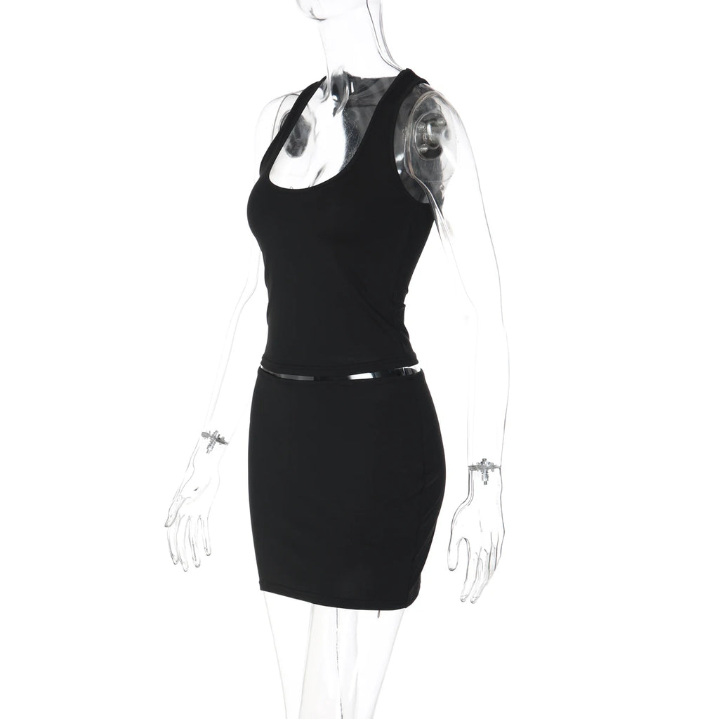 Dulzura Women'S Solid Sexy Casual 2 Piece Skirt Square Collar Tank Top Slim Fit Mini Skirt Matching Set Party Club Street Outfit
