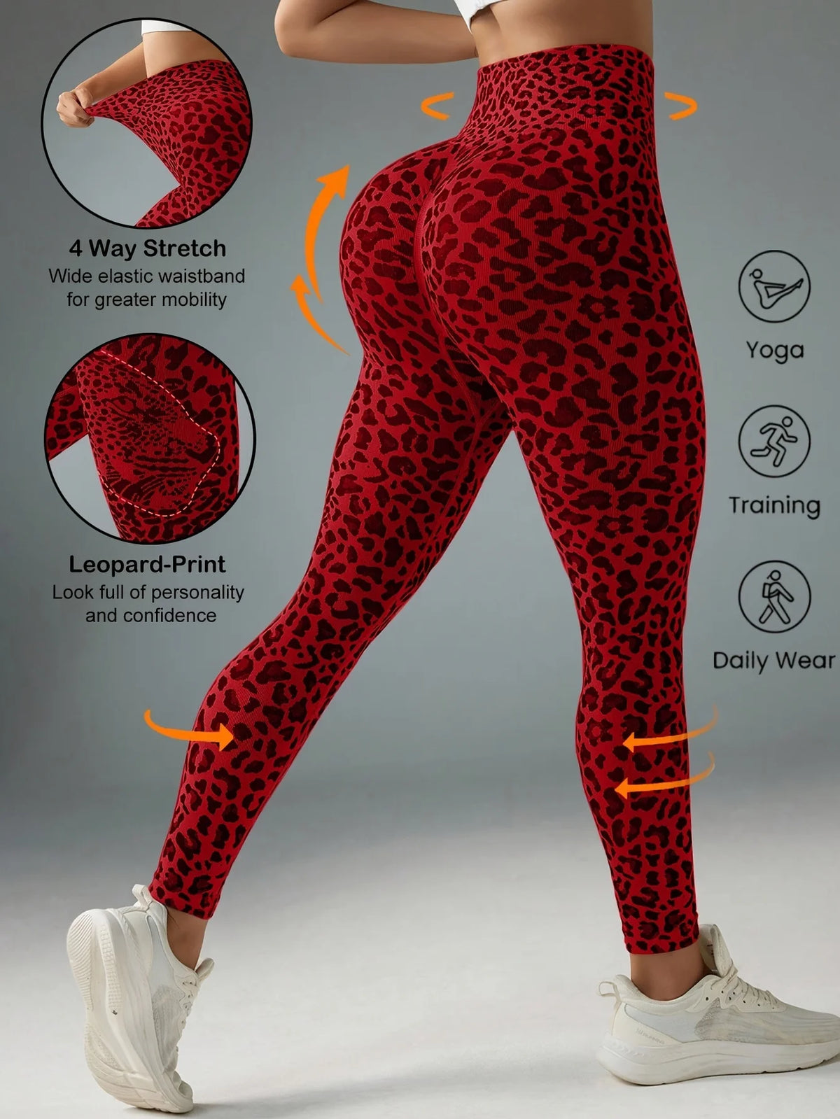 Women Mid‑Rise Fleece Lined Leggings Grey Leopard Print Slim Stretchy Warm Yoga Workout Pants