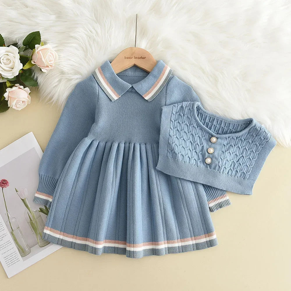 Bear Leader Kids Dresses for Girls Pearl Button Tricolor Striped Lapel Knit Skirt Winter College Style Children's Clothing