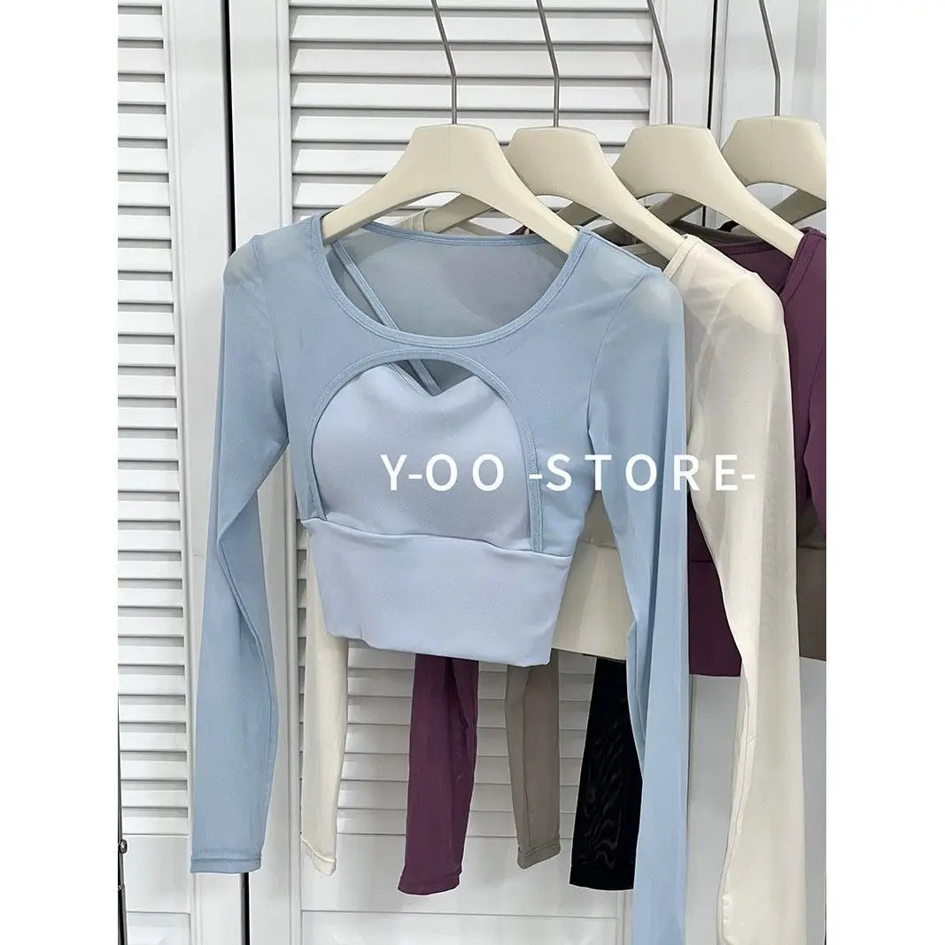 American Sle Yoga Clothes Long Sve T-irt Women Sexy Hollow out Me Splice Sports Fitn Top with Chest Pad