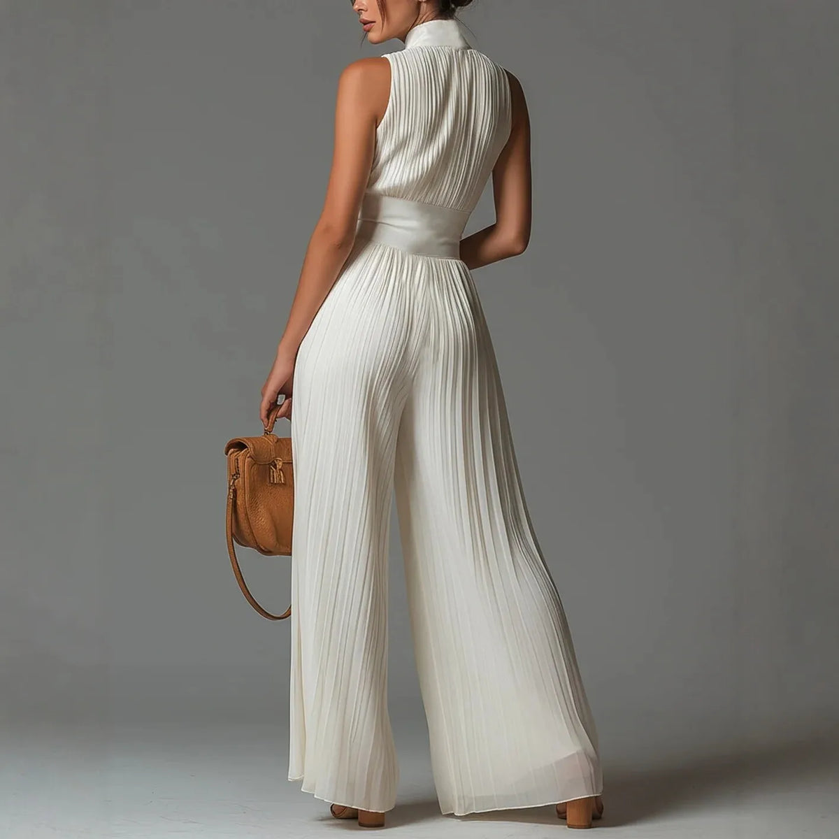 2026 White Pleated Neck Jumpsuit Women's Long Wide-leg Fashion Sexy Pleated Jumpsuits Sexy Slim Fits Sleeveless Rompers Y2K