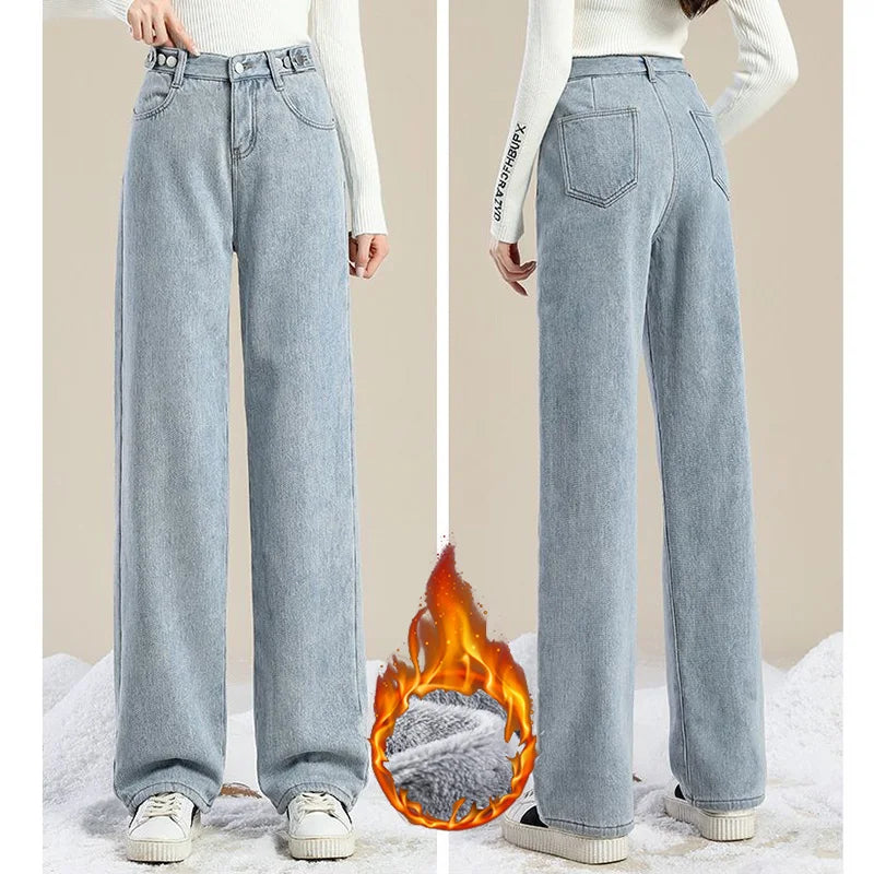 Hot Sale Winter Lady Thermal Plush High Waist Jeans Girls Snow Warm Denim Pants Women Classic Fleece Straight Leg Trousers