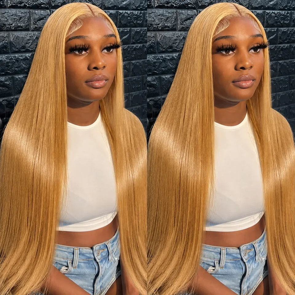 13x6 27# Honey Blonde Colored Human Hair Frontal Wigs Straight 200% 13x6 HD Transparent Lace Front Human Hair Wigs For Women