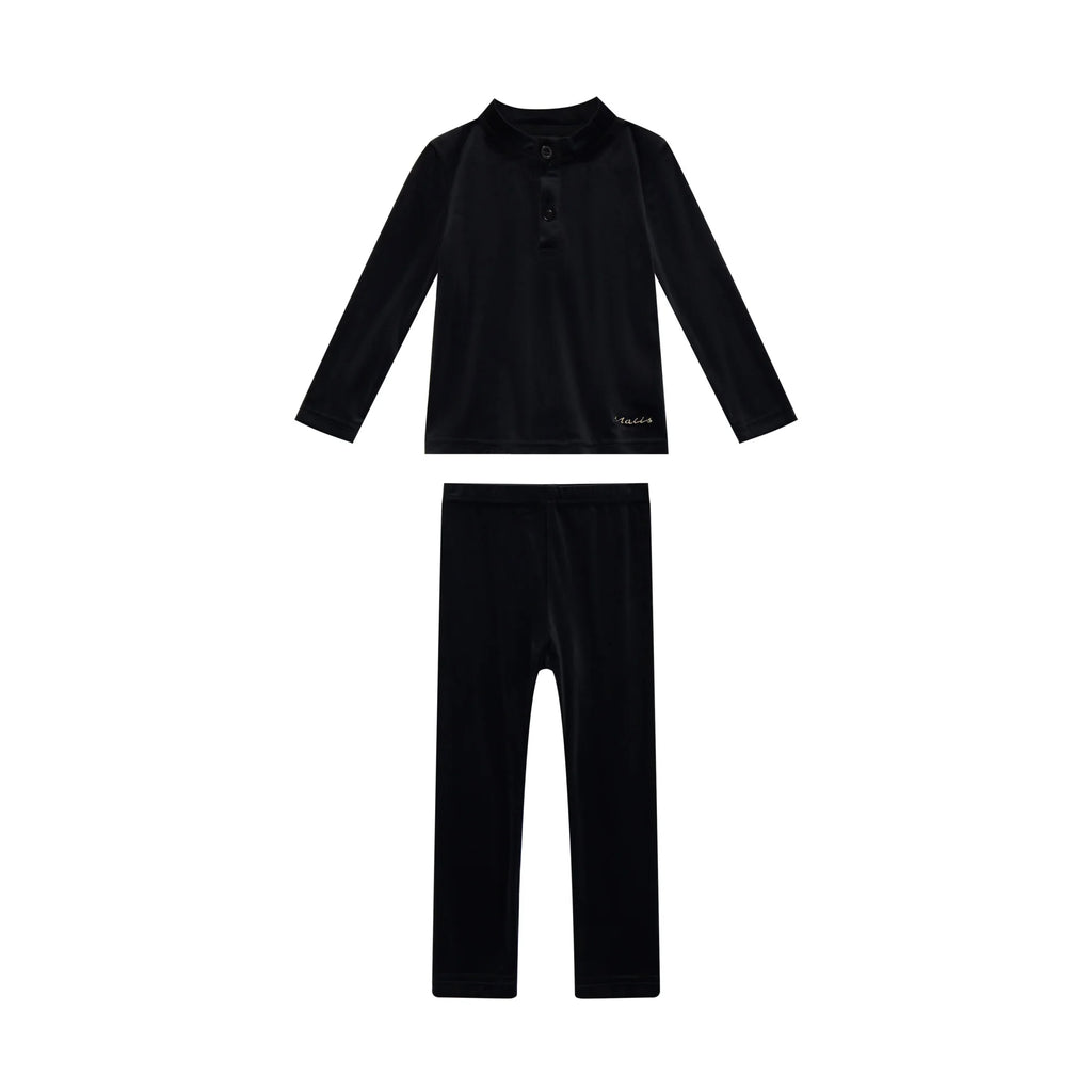 2026 Mali's AW Kids Black Velvet Pajamas with Embroidery Sister Matching Home Wear Sleeping Clothes Holiday Outfits