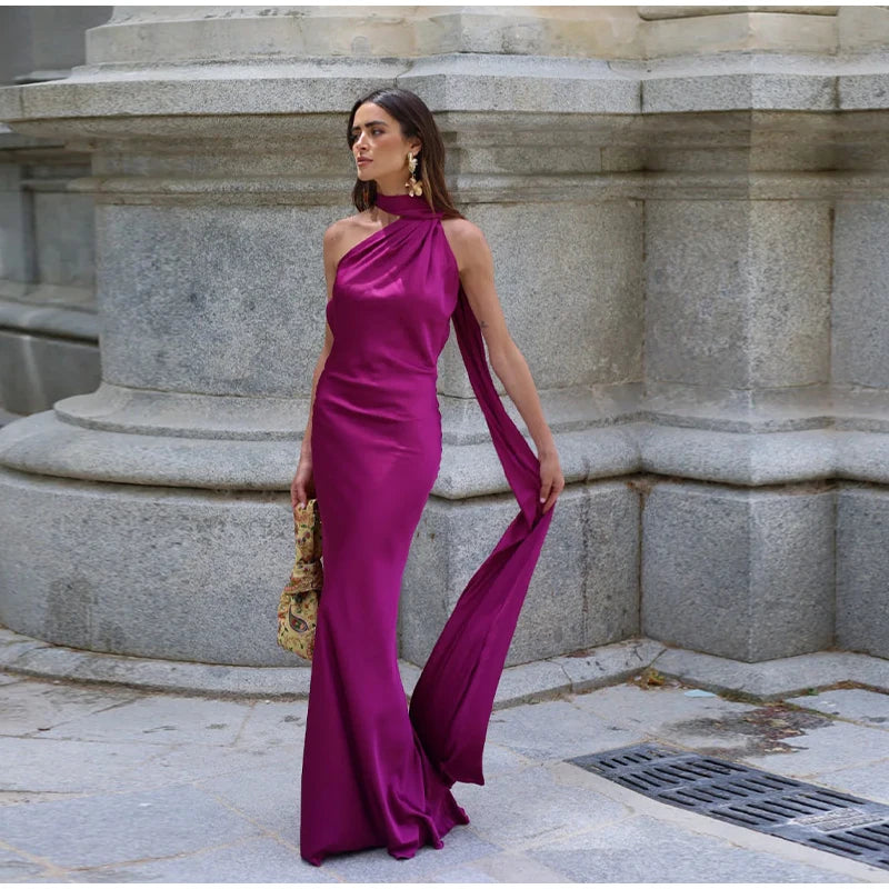 Sexy Satin Ribbon Party Dress Women Elegant Halter Backless Off Shoulder Sleeveless Female Dresses 2024 Summer Solid Robe Gown
