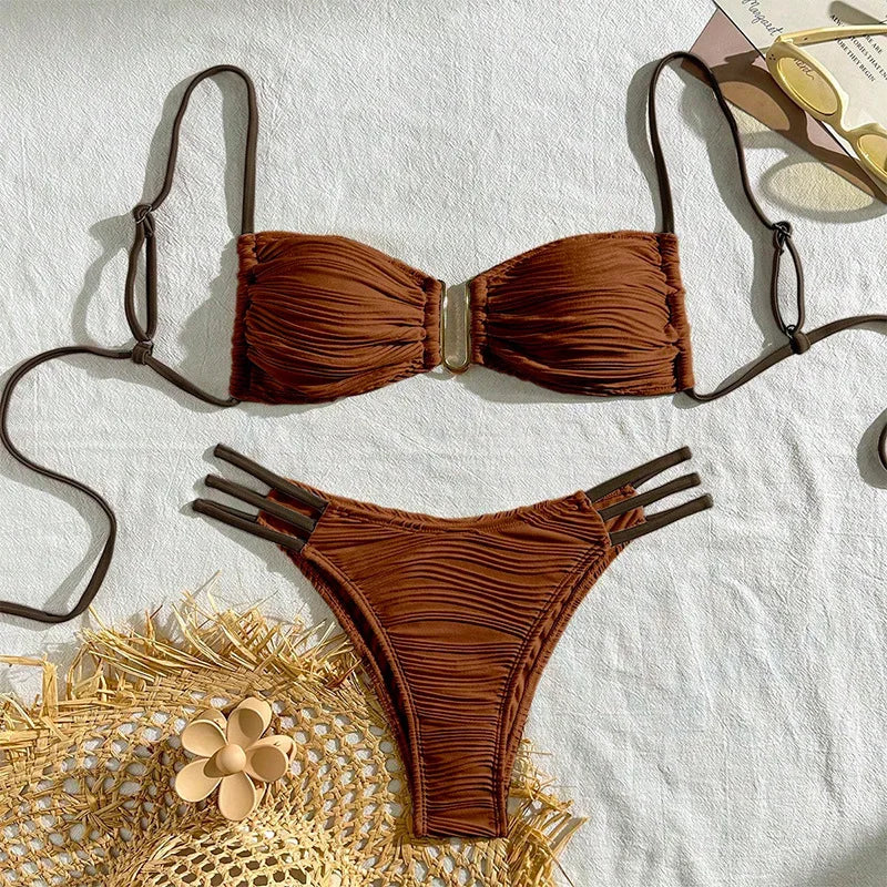 New Low waist Sexy Two-piece Bikini Women U-neck Hollow Swimwear Solid Tube Top Gathered Swimsuit Tight Backless Beachwear 2025