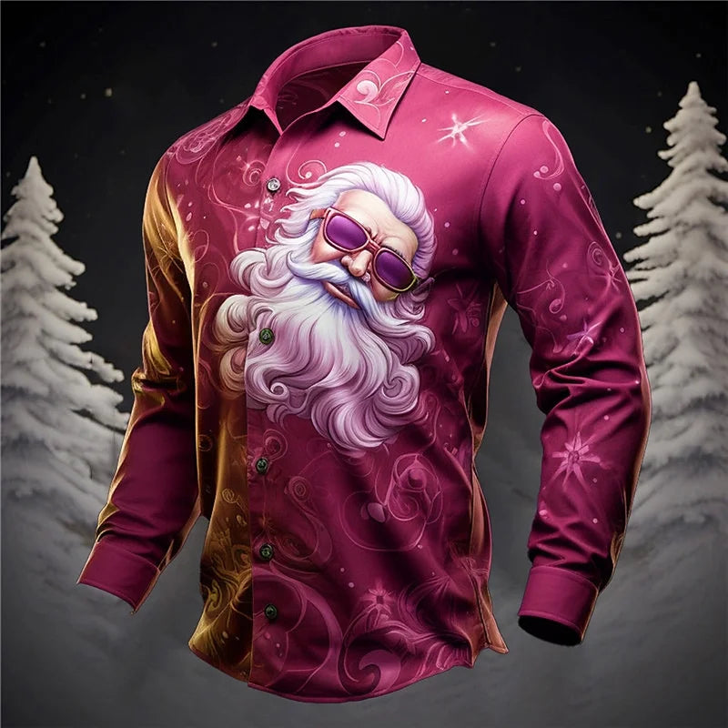 2024 Fashion Christmas Themed 3D Printed Men's Casual Long Sleeve Shirt Street Wear Party Size Shirt Santa Claus Hot Sale