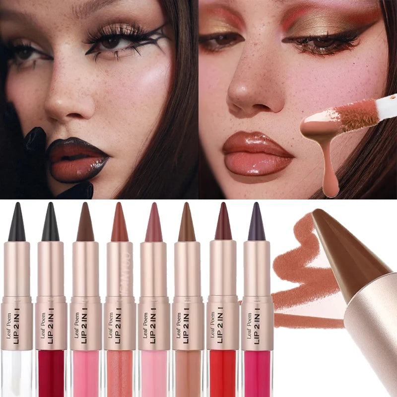 2 In 1 Dark Plum Pink Lip Makeup Matte Outline Lip Liner Mirror Plumping Lip Glaze Waterproof Lip Contour Non Stick Makeup